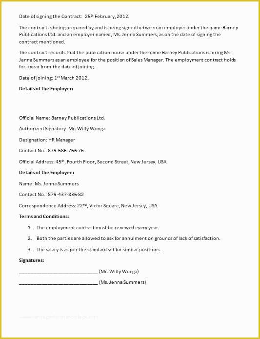 Employment Contract Template Free Of Binding Contracts