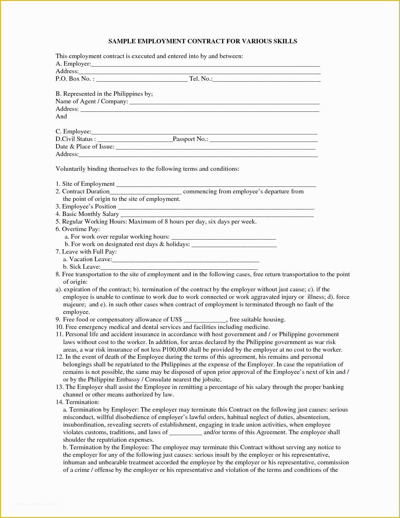 Employment Contract Template Free Of Construction Employment Contract Sample Philippines