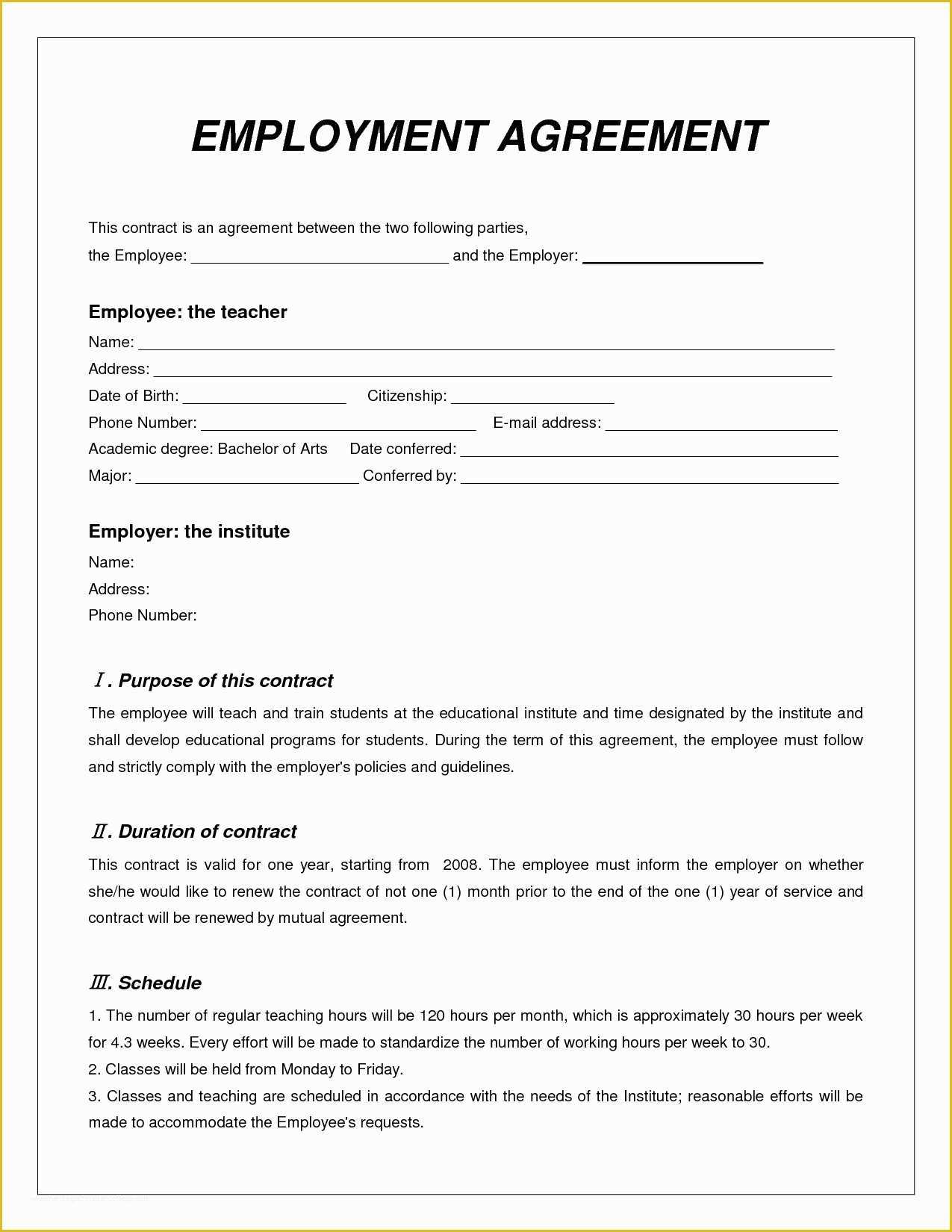 Employment Contract Template Free Of Contract Employee Agreement Sample Templates Resume