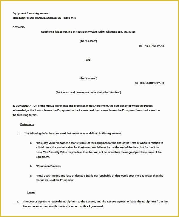 Equipment Lease Agreement Template Free Download Of 13 Equipment Rental Agreement Templates – Free Sample