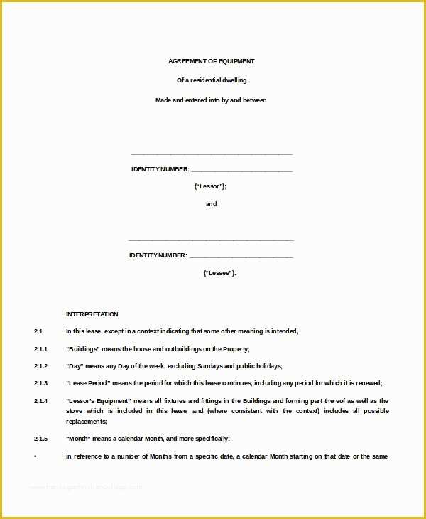 Equipment Lease Agreement Template Free Download Of 20 Equipment Rental Agreement Templates Doc Pdf