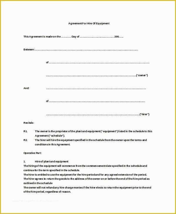 Equipment Lease Agreement Template Free Download Of 20 Equipment Rental Agreement Templates Doc Pdf