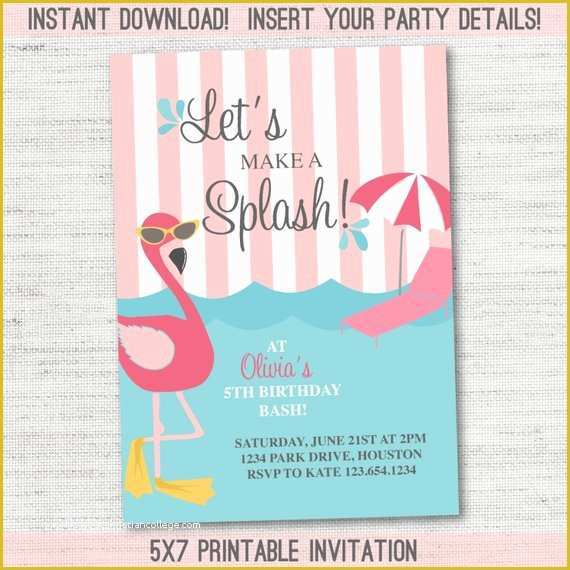 Flamingo Invitation Template Free Of Flamingo Pool Party Invitation Instant Download Editable