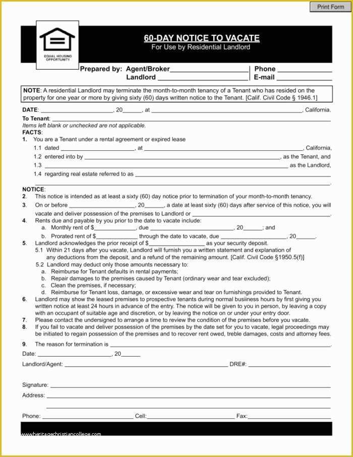 Free 30 Day Notice to Vacate California Template Of Eviction Notice form California Free Templates Resume