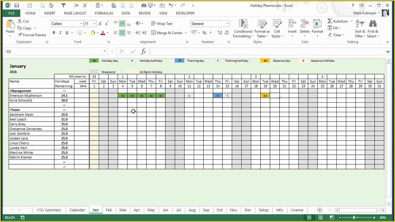 Free Annual Leave Planner Excel Template Of Any Year Holiday Training &amp; Absence Planner for Excel