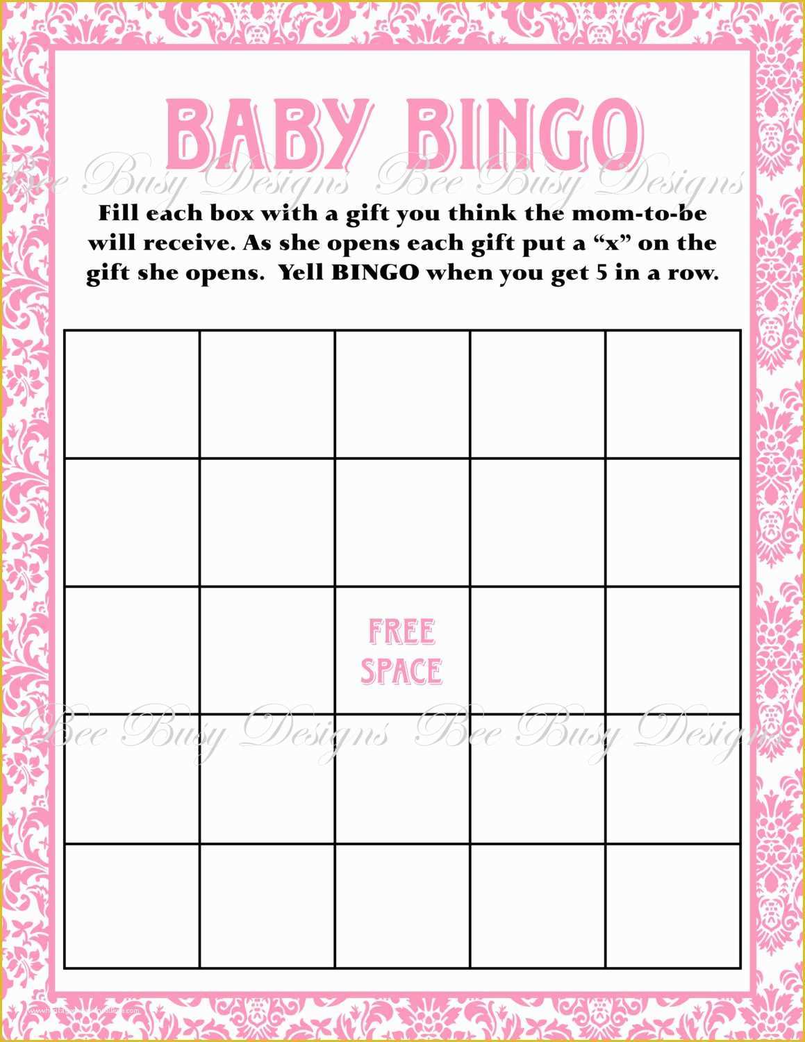Free Baby Shower Bingo Blank Template Of Printable Pink Damask Baby Shower Bingo Game