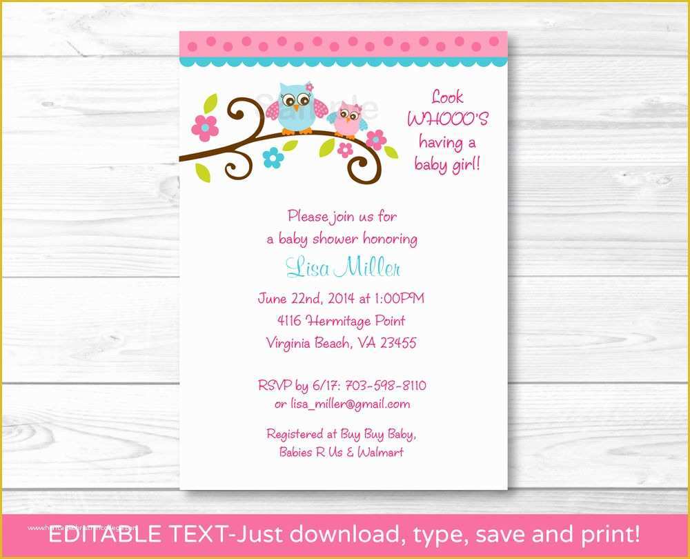 Free Baby Shower Invitations Templates Pdf Of Girl Owl Printable Baby Shower Invitation Editable Pdf