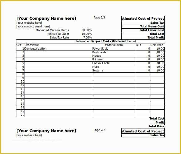 Free Bid Sheet Template Of 26 Blank Estimate Templates Pdf Doc Excel Odt