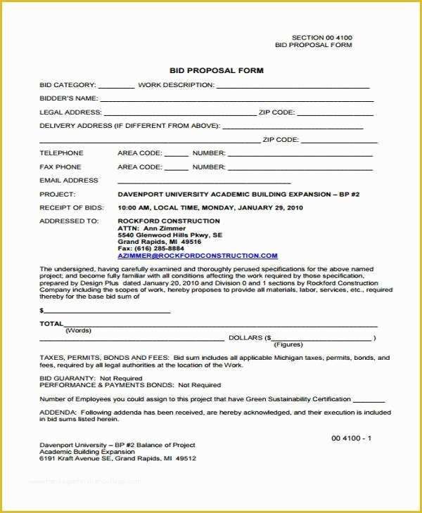 Free Bid Sheet Template Of Proposal form Templates