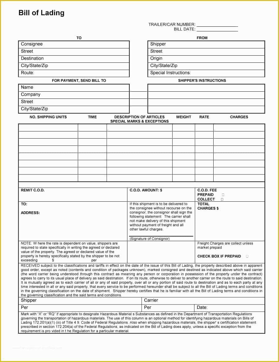 Free Bill Of Lading Template Of 40 Free Bill Of Lading forms & Templates Template Lab