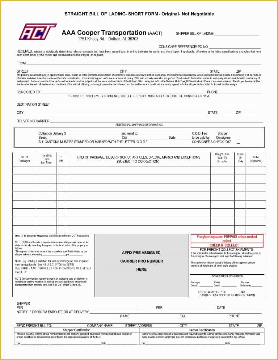Free Bill Of Lading Template Of 40 Free Bill Of Lading forms & Templates Template Lab