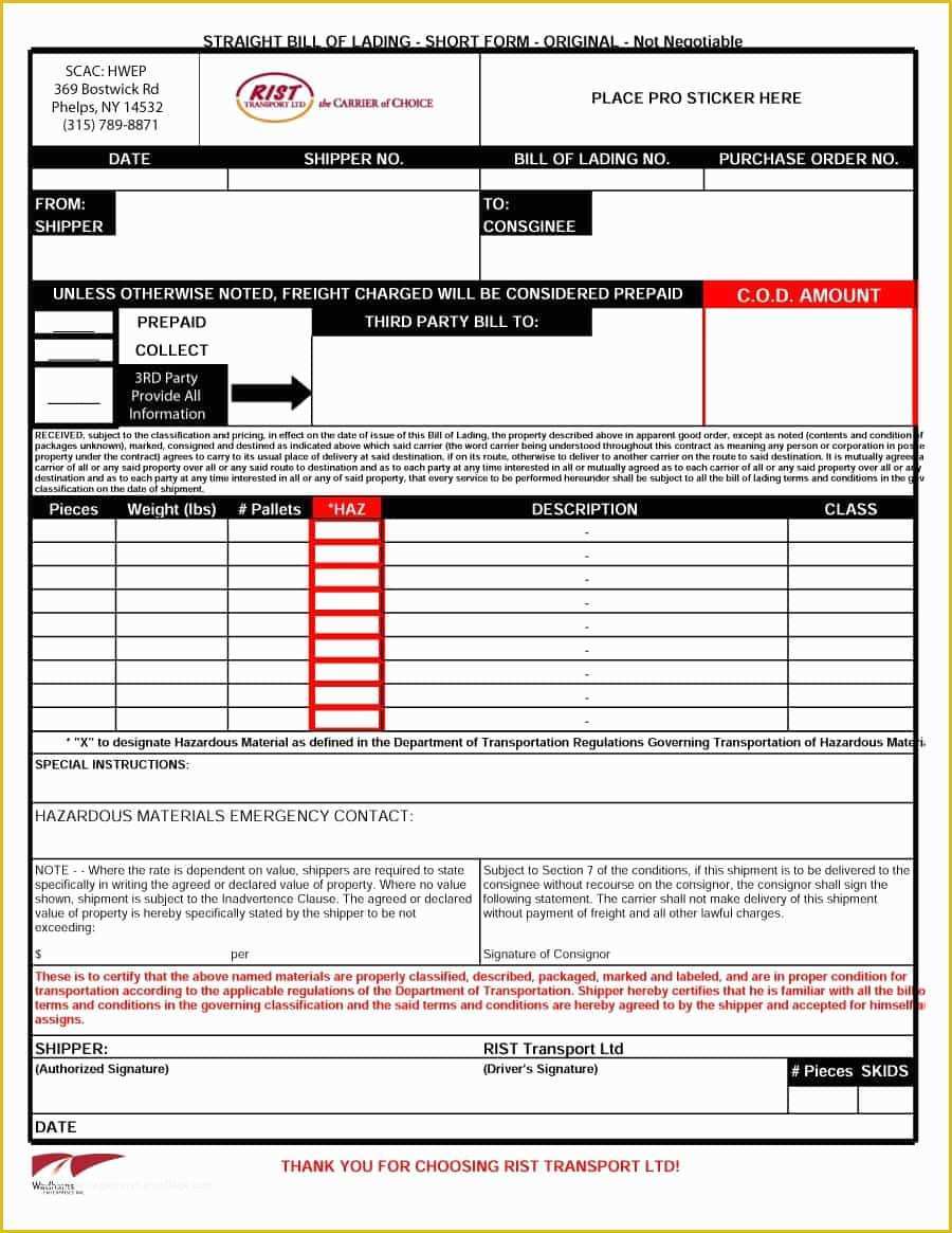 Free Bill Of Lading Template Of 40 Free Bill Of Lading forms & Templates Template Lab