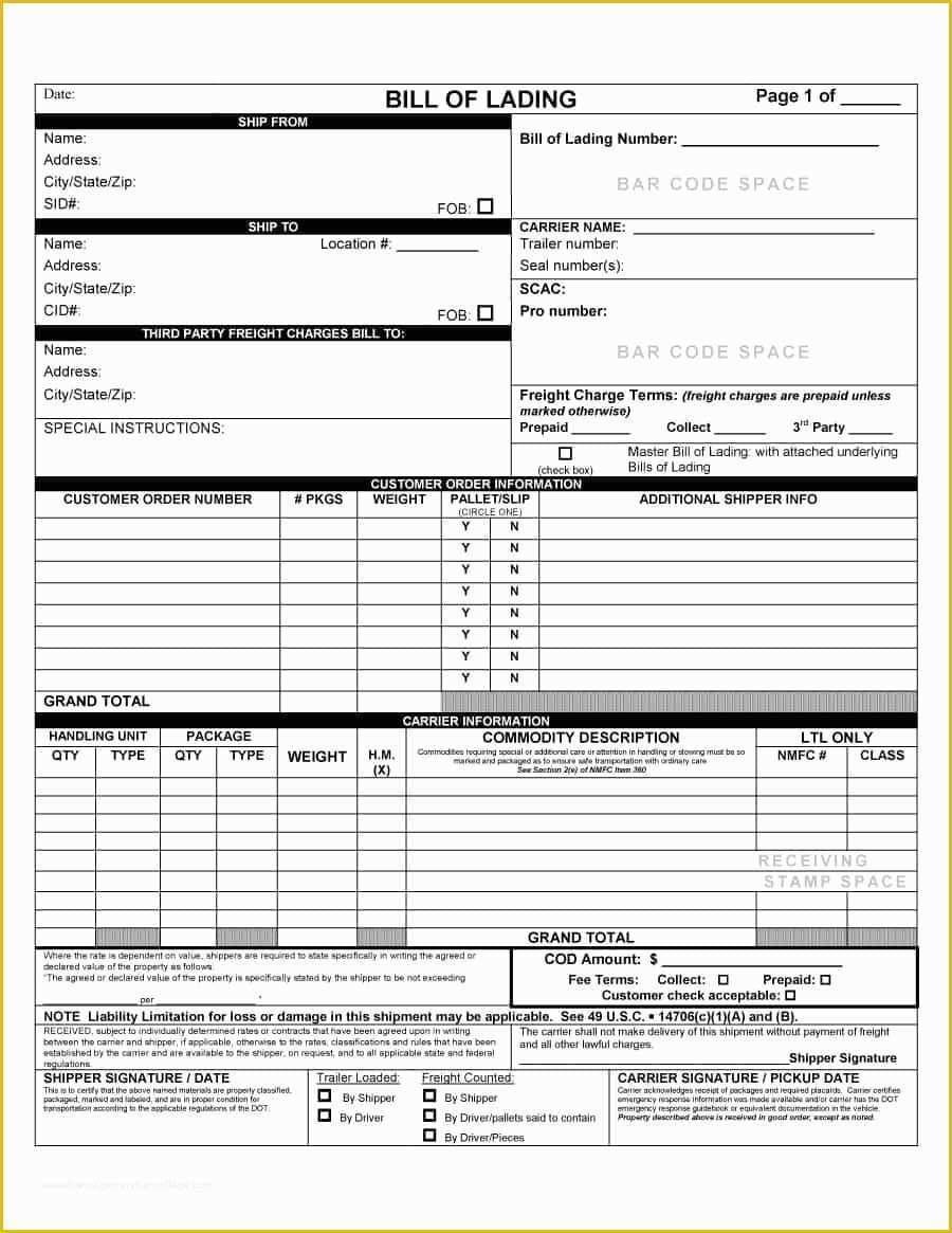 Free Bill Of Lading Template Of 40 Free Bill Of Lading forms & Templates Template Lab