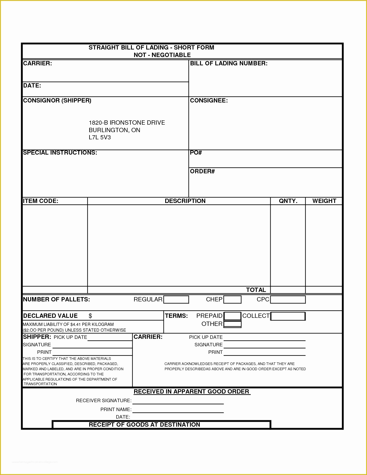 Free Bill Of Lading Template Of Bill Lading Template
