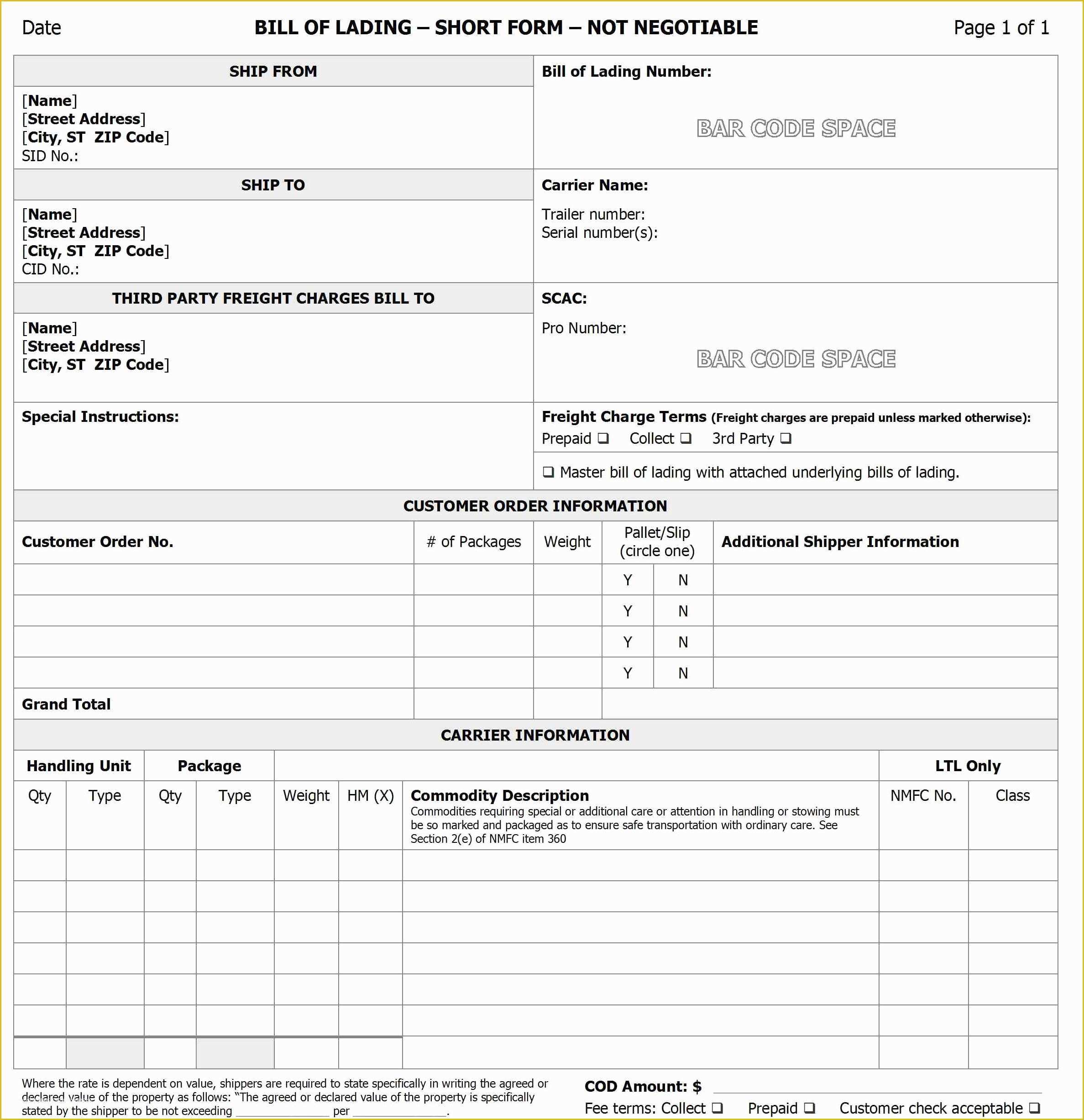 Free Bill Of Lading Template Of Bill Of Lading