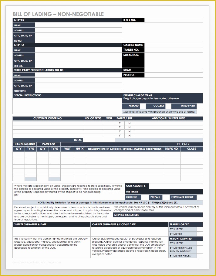 Free Bill Of Lading Template Of Free Bill Of Lading Templates
