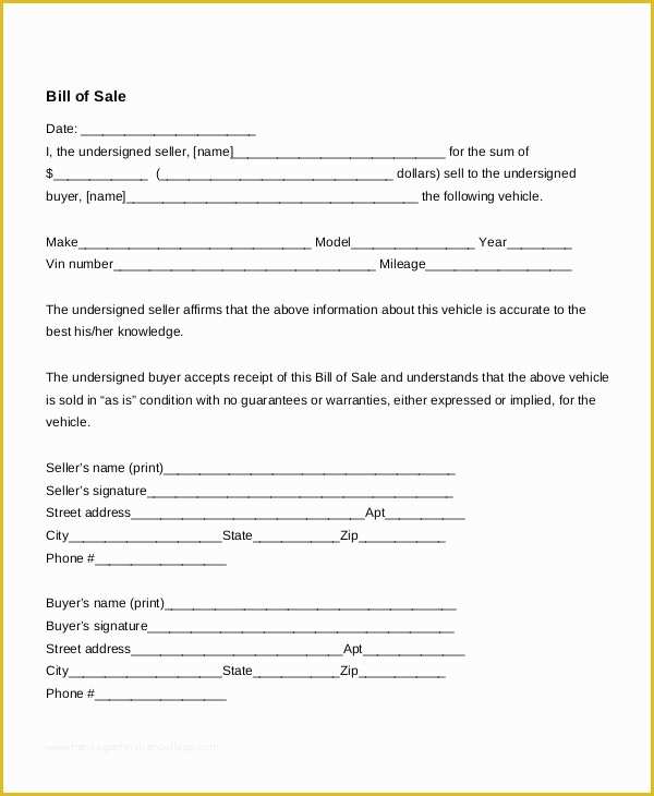 Free Bill Of Sale Template Of Auto Bill Sale 8 Free Word Pdf Documents Download