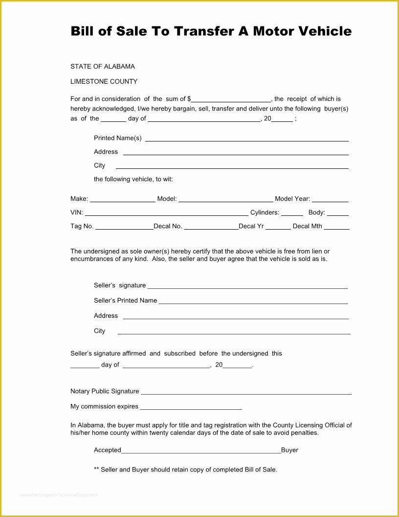Free Bill Of Sale Template Of Free Alabama Vehicle Bill Sale form for Limestone