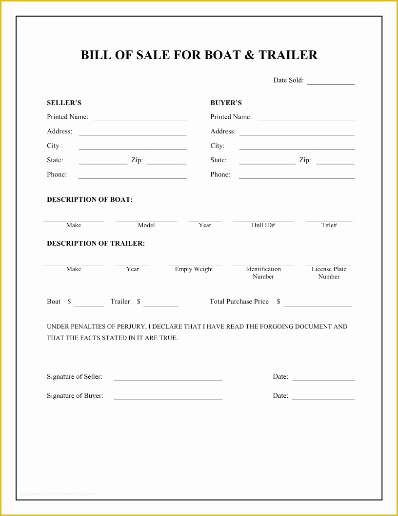 Free Bill Of Sale Template Of Free Boat & Trailer Bill Of Sale form Download Pdf