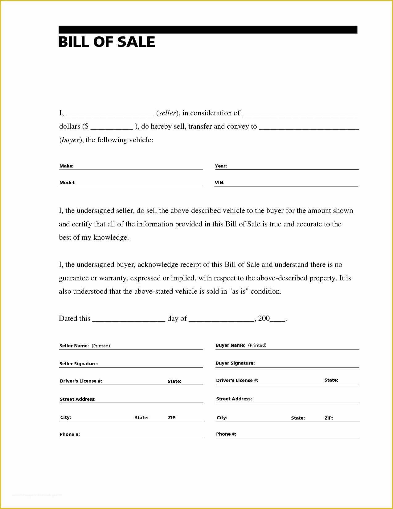 Free Bill Of Sale Template Of Free Printable Free Car Bill Of Sale Template form Generic