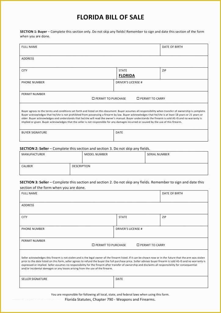 Free Bill Of Sale Template Pdf Of Free Florida Firearm Bill Of Sale form Pdf