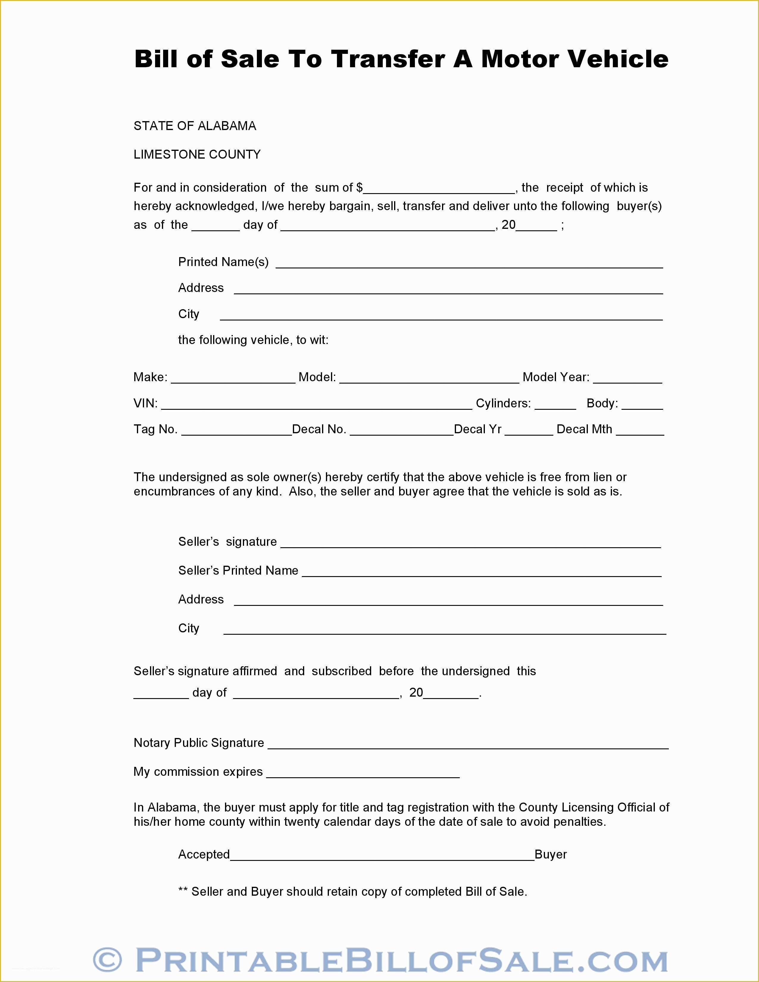 Free Bill Of Sale Template Pdf Of Free Limestone County Alabama Vehicle Bill Of Sale form