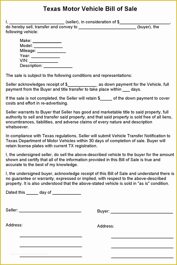 Free Bill Of Sale Template Pdf Of Free Texas Motor Vehicle Bill Sale form Pdf 1 Pages