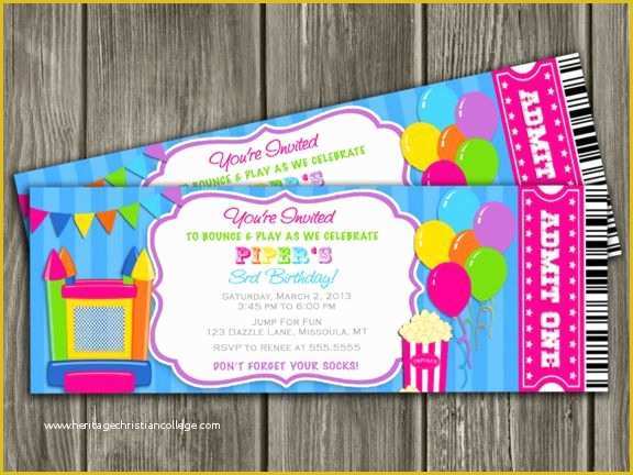 Free Bounce Party Invitation Template Of Printable Girl Bounce House Ticket Birthday Invitation