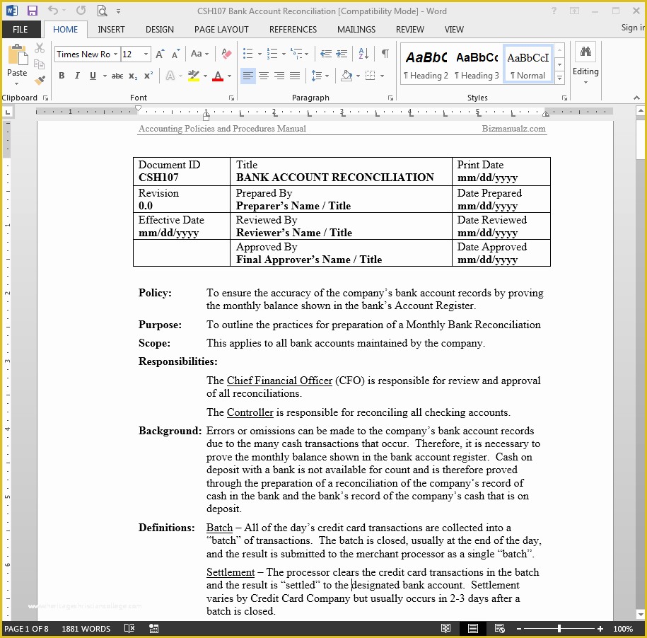Free Business Process Template Word Of Bank Reconciliation Accounting Free Business Process Template Word Of Bank Reconciliation Accounting