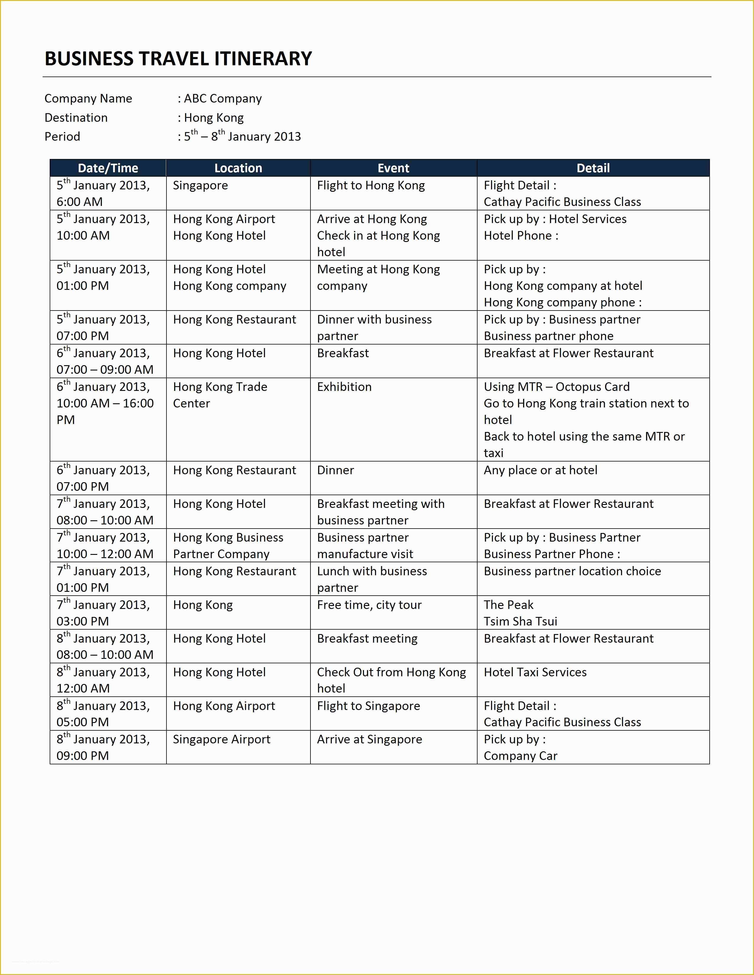 Free Business Travel Itinerary Template Of Business Travel Itinerary Template