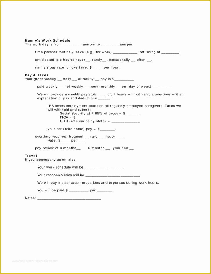 Free Caregiver Contract Template Of Contract form for Live Out Nanny Free Download