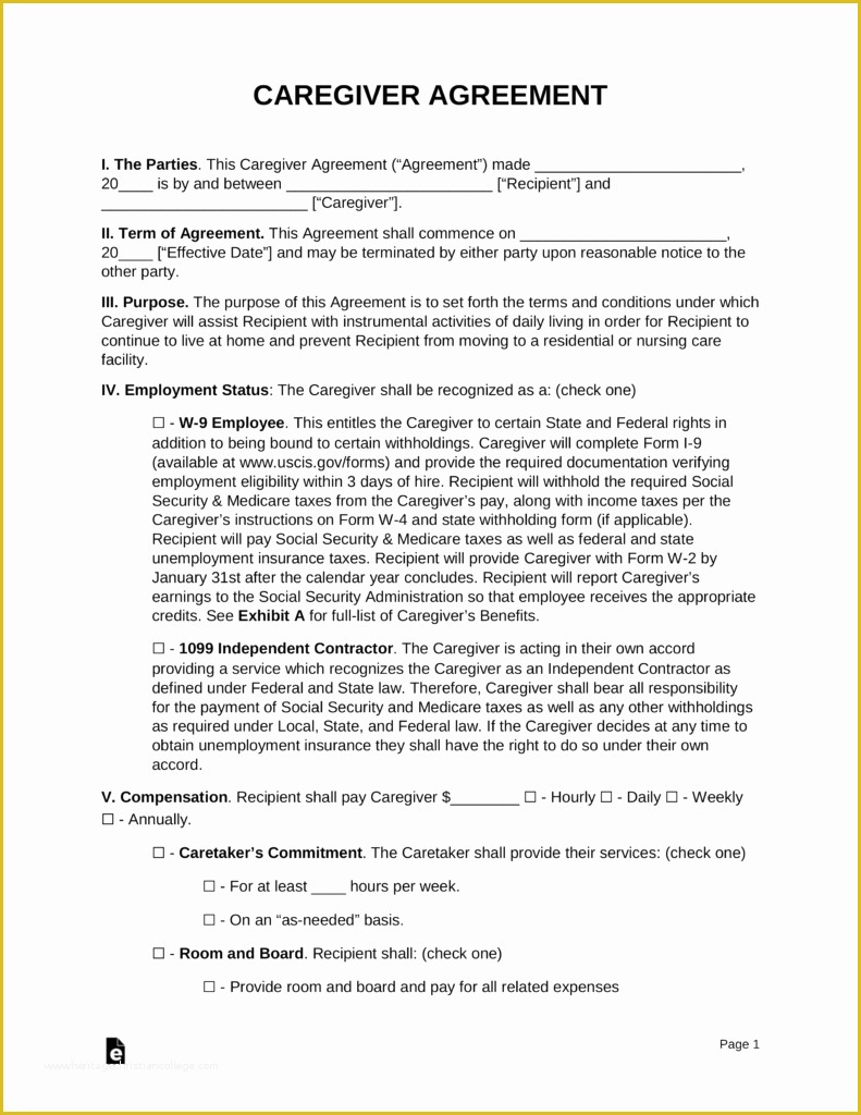 Free Caregiver Contract Template Of Free Caregiver Contract Agreement Pdf Word