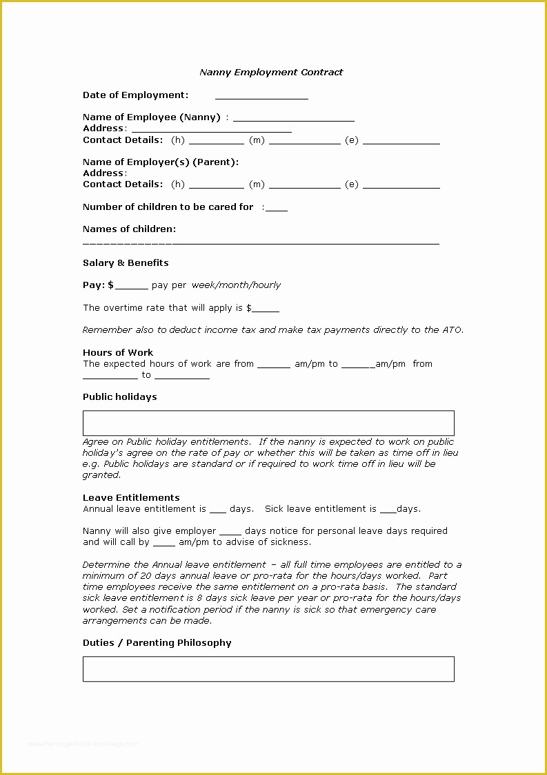 Free Caregiver Contract Template Of Free Nanny Employment Contract Template
