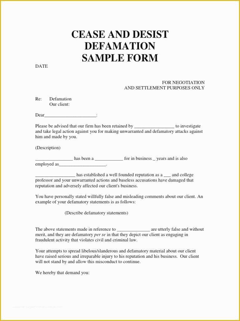 Free Cease And Desist Letter Template For Slander Of Defamation