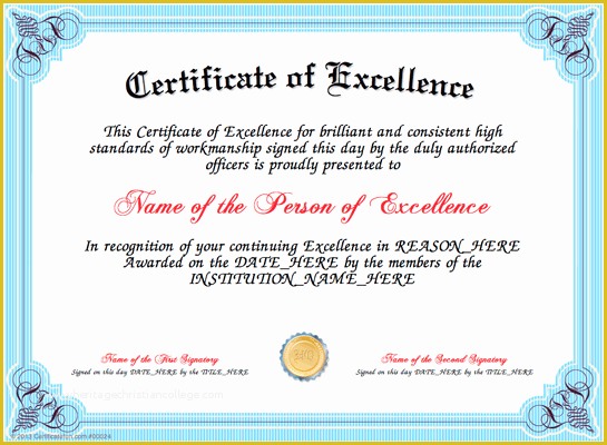 Free Certificate Of Excellence Template Of Certificate Of Excellence Templates