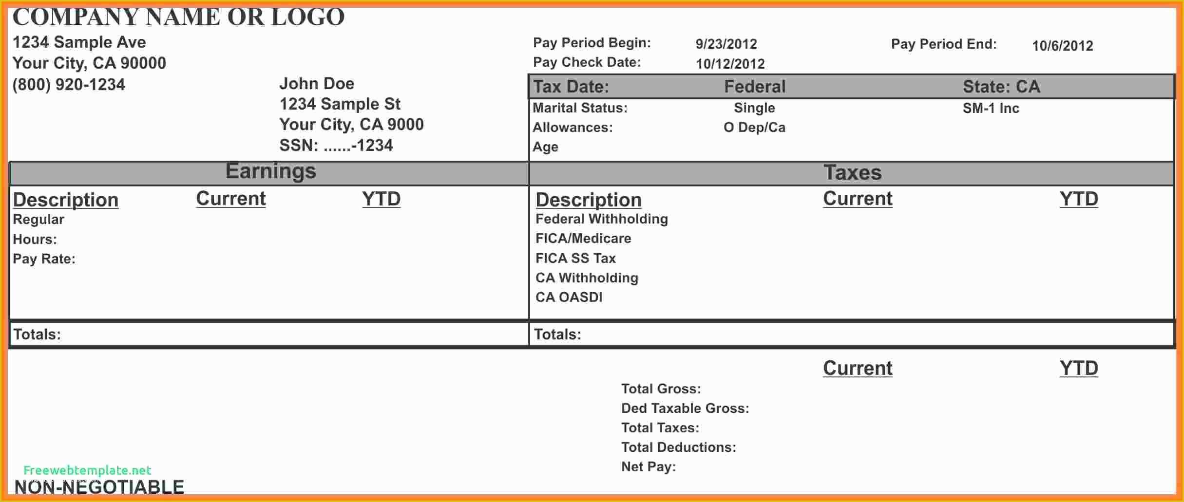 Free Check Stub Template Excel Of 7 Paycheck Stub Template for Excel
