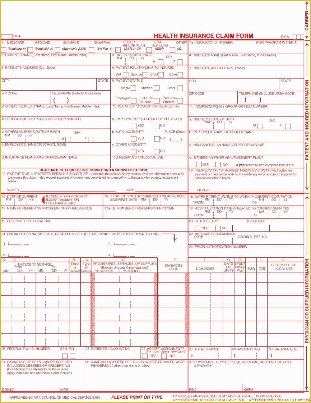 Free Cms 1500 Template for Word Of Free Printable Hcfa 1500 Claim form forms 5015