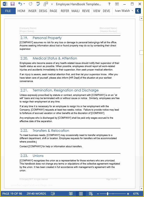 Free Company Handbook Template Of Employee Handbook Templates Ms Word Free Policy Manual