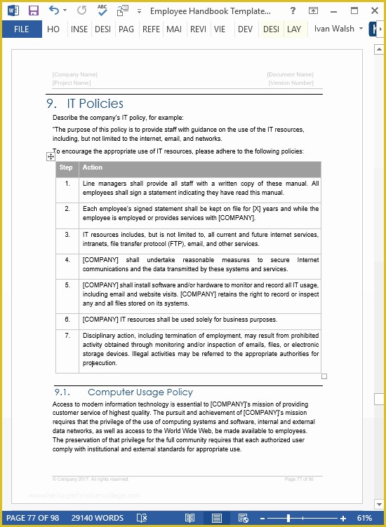 Free Company Handbook Template Of Employee Handbook Templates Ms Word Free Policy Manual