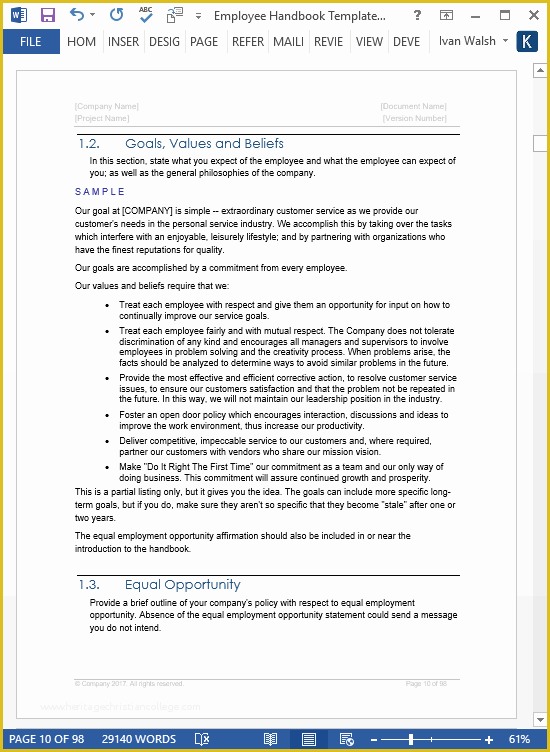 Free Company Handbook Template Of Employee Handbook Templates Ms Word Free Policy Manual