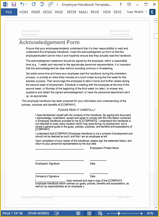 Free Company Handbook Template Of Employee Handbook Templates Ms Word Free Policy Manual