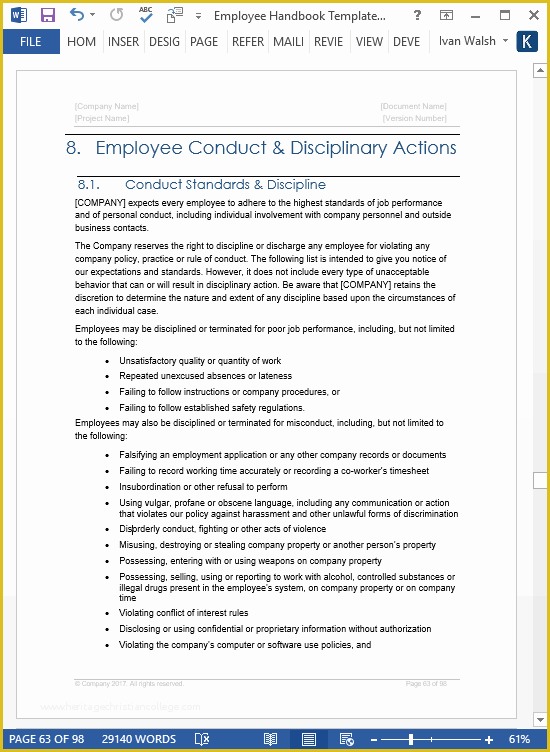 Free Company Handbook Template Of Employee Handbook Templates Ms Word Free Policy Manual