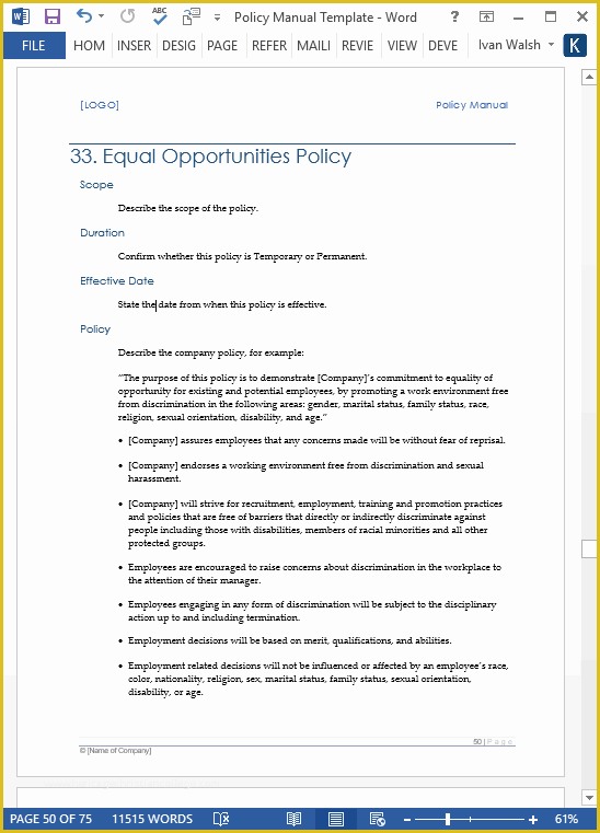 Free Company Policy Template Of Download Policy & Procedures Manual