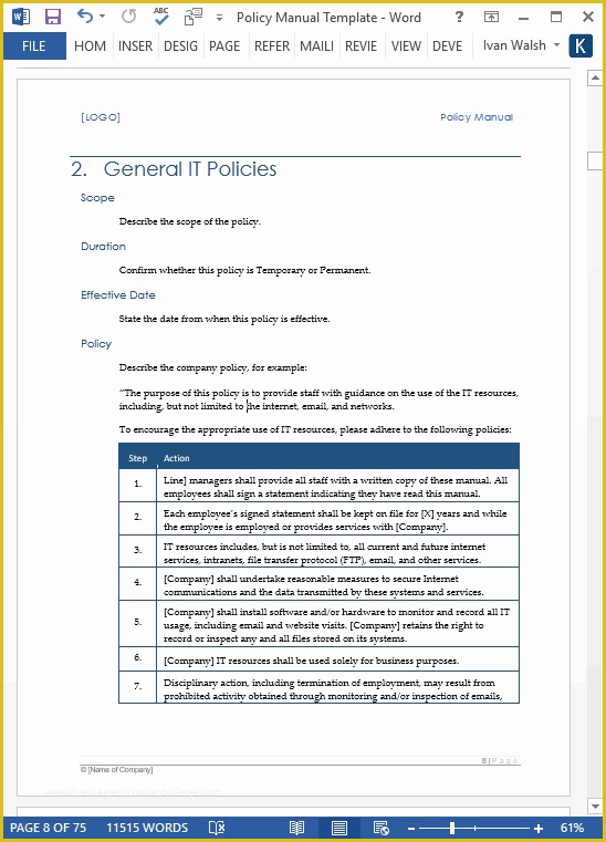 Free Company Policy Template Of Download Policy & Procedures Manual Templates Ms Word 68
