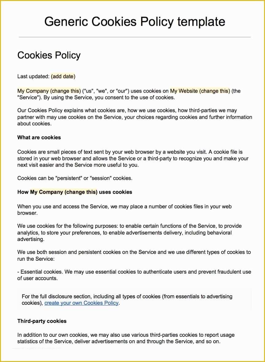 Free Company Policy Template Of Sample Cookies Policy Template Termsfeed