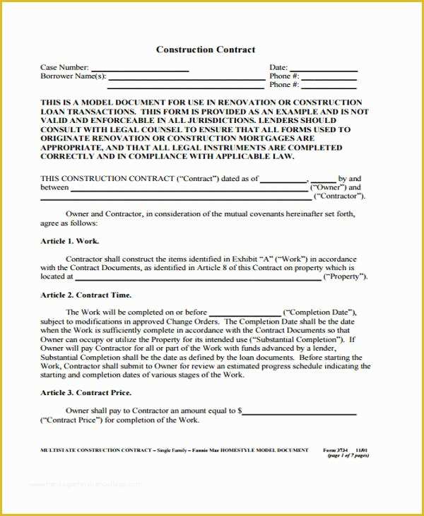 Free Construction Contract Template Of 8 Construction Contract Templates Free Sample Example