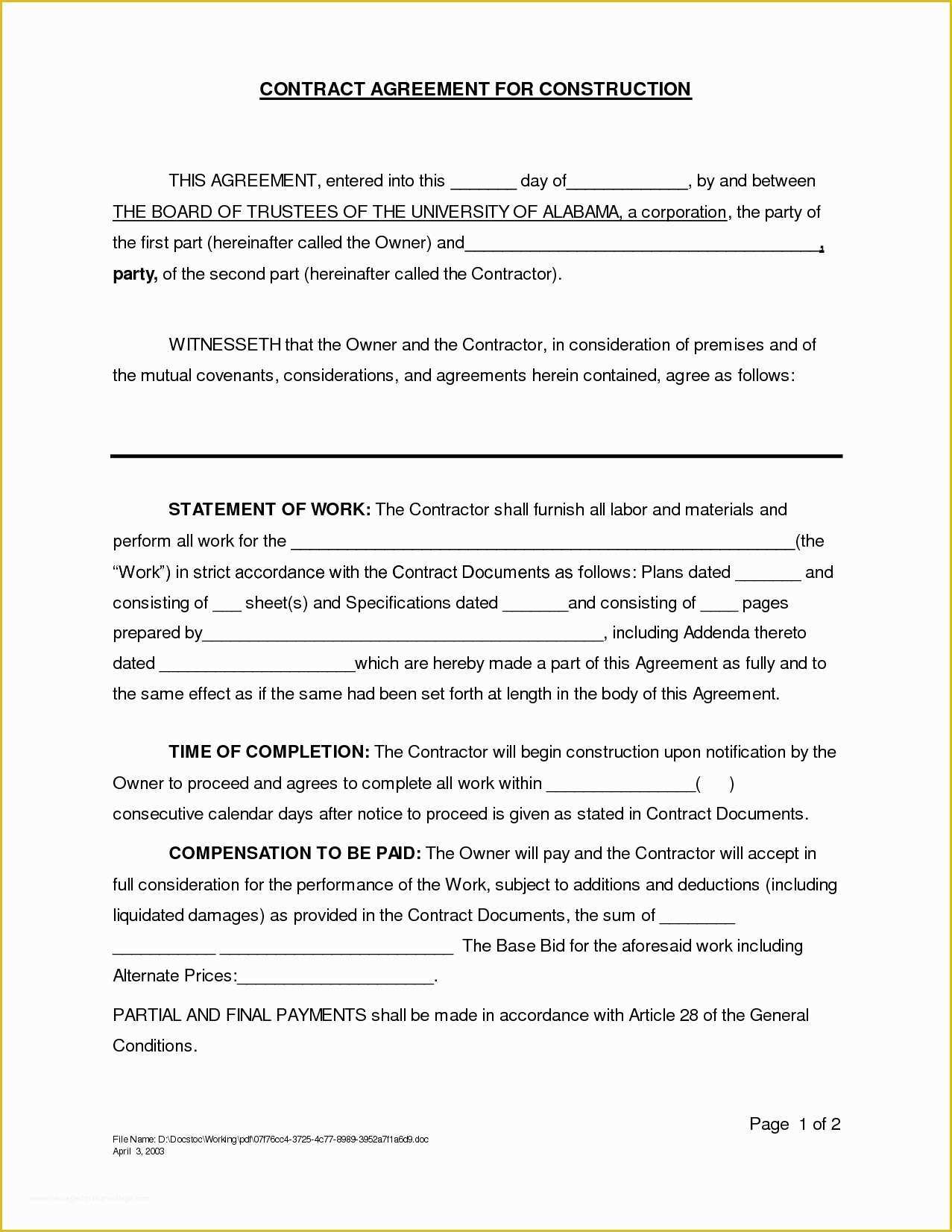 Free Construction Contract Template Of Construction Contract Template