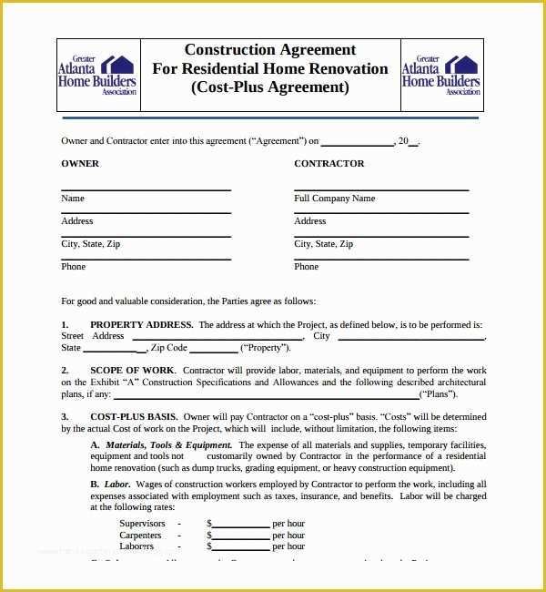 Free Construction Contract Template Word Of Sample Construction Agreement Template 6 Free Documents