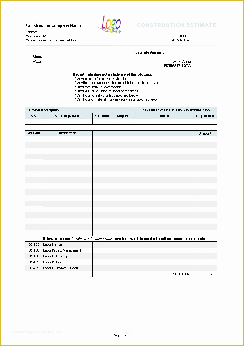 Free Construction Estimate Template Excel Of Construction Estimate Template Uniform Invoice software