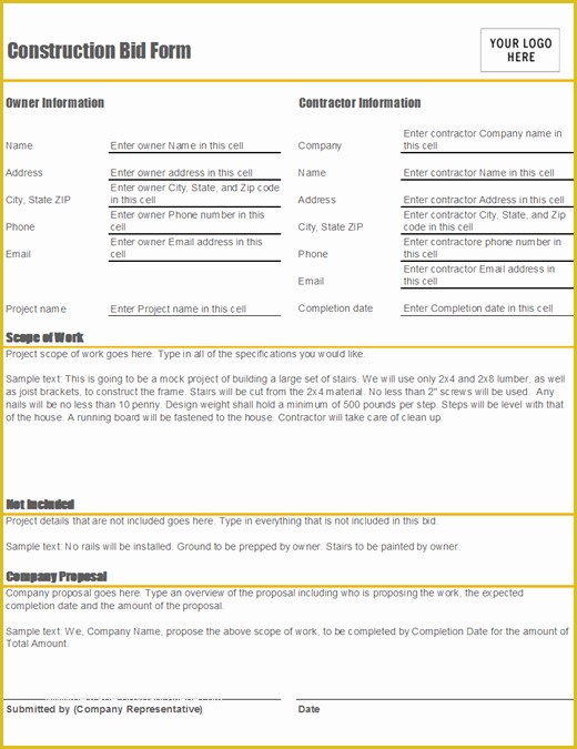 Free Construction Proposal Template Of Construction Bid form